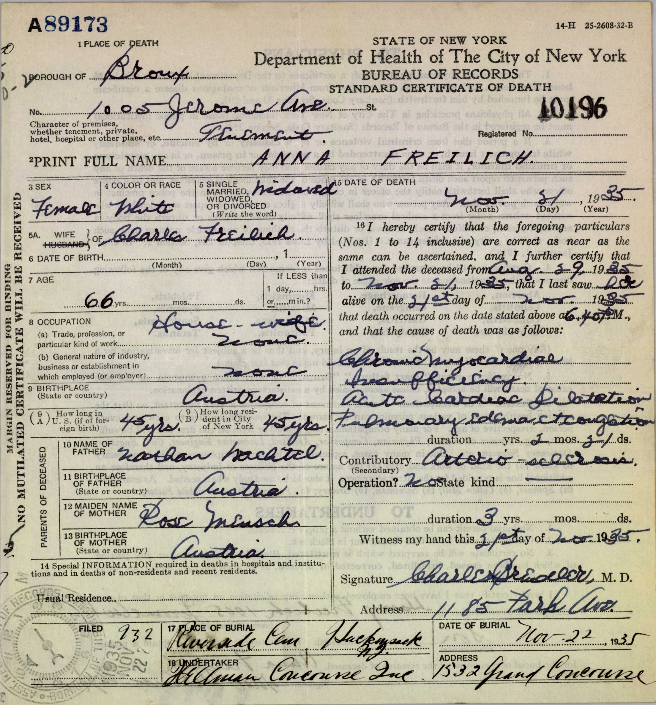 Anna Freilich death certificate 1935