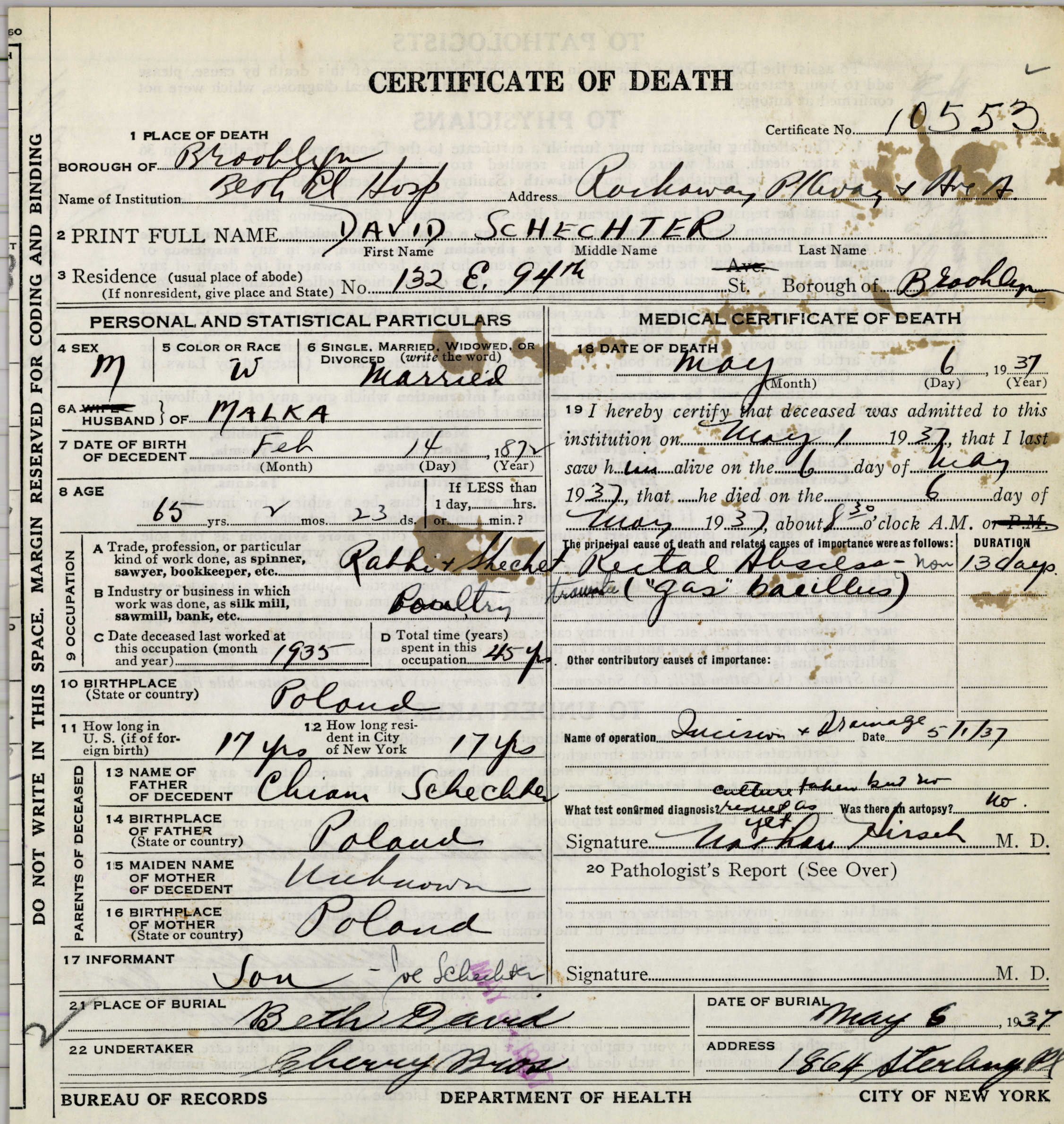 David Schechter death certificate 1937