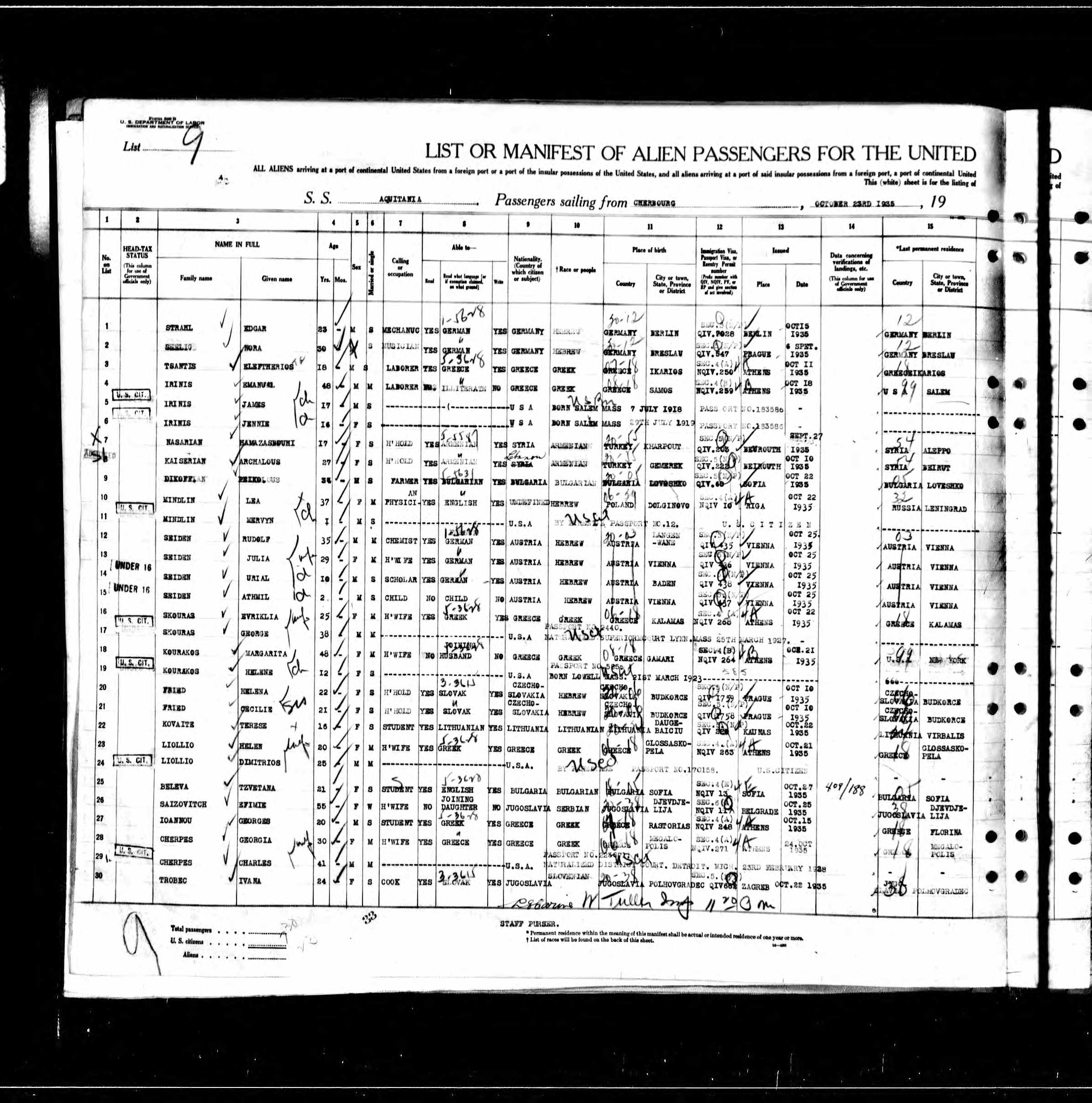 Aquitania manifest Nov 1935