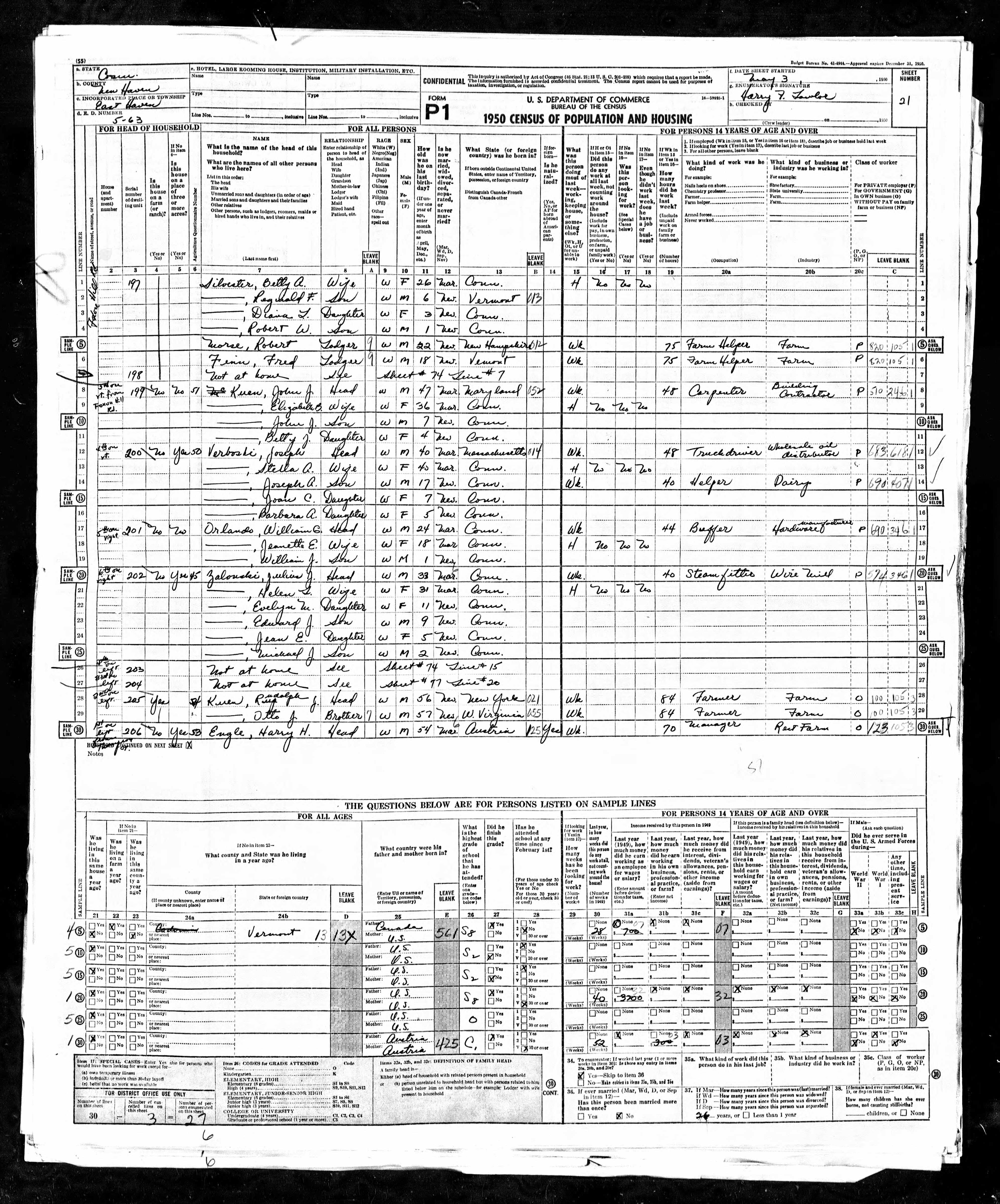 Engle household 1950 census, East Haven CT