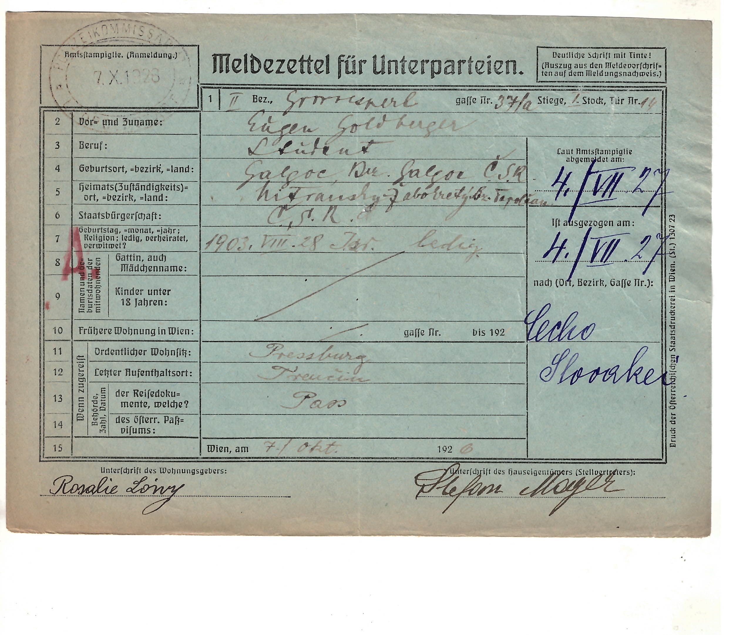 Eugen Goldberger 1926 Vienna Meldezettel