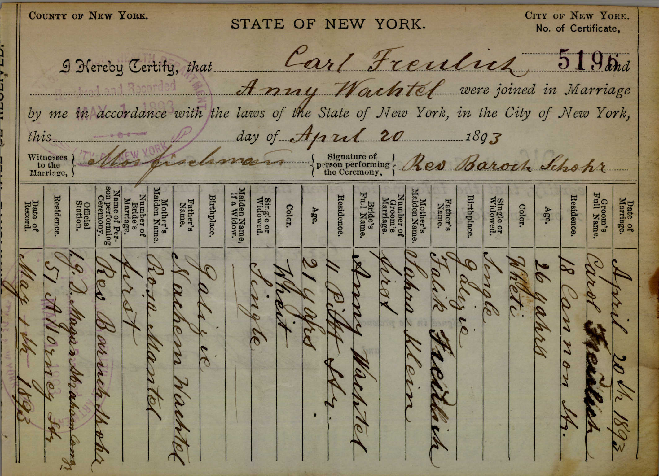1893 Freilich-Wachtel marriage certificate