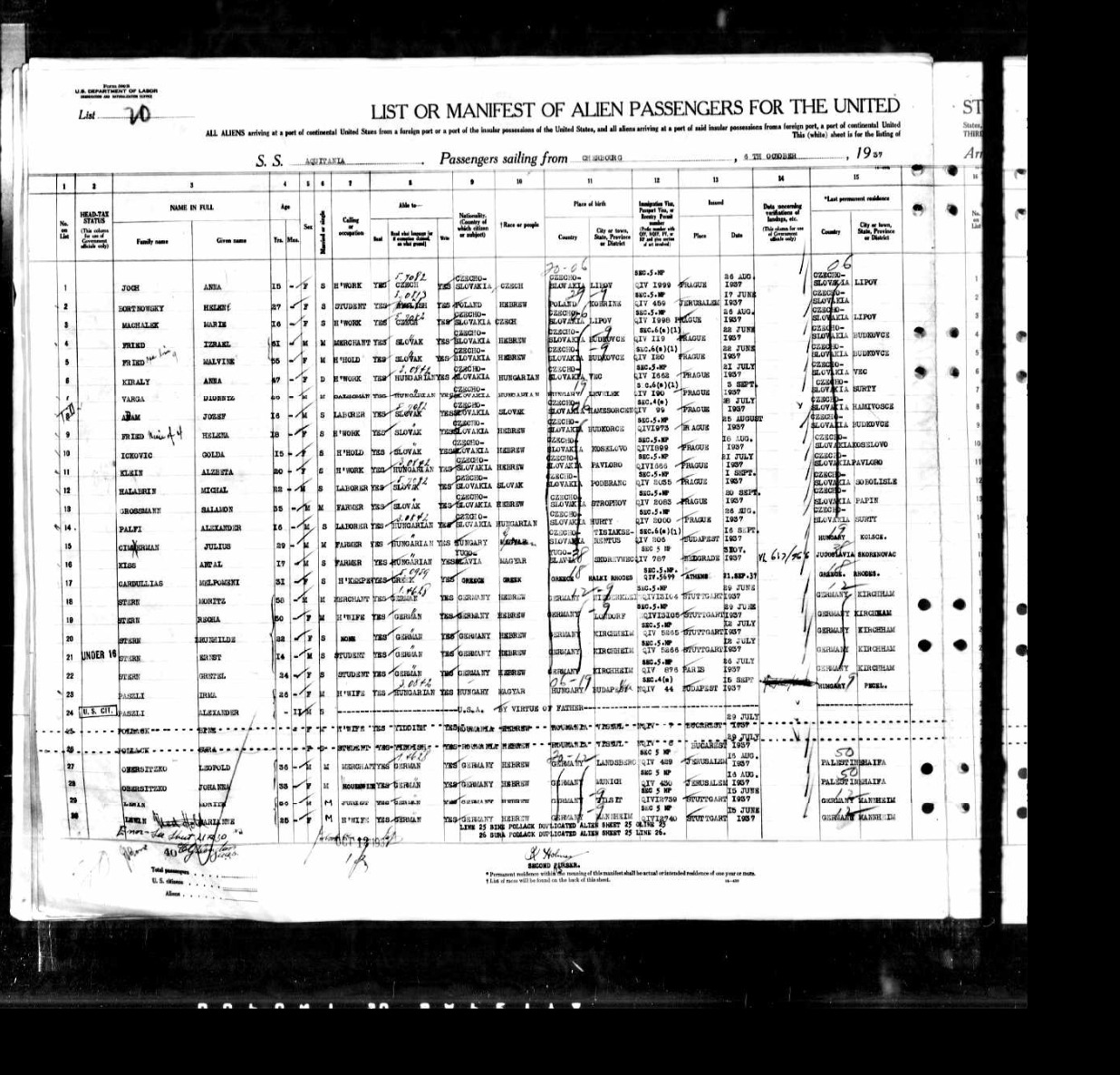 Aquitania manifest Oct 1937
