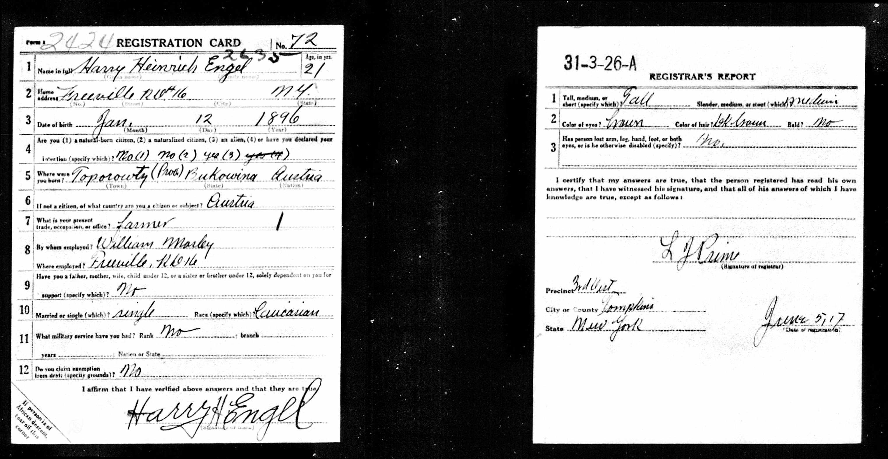 Harry Heinrich Engel WWI draft card