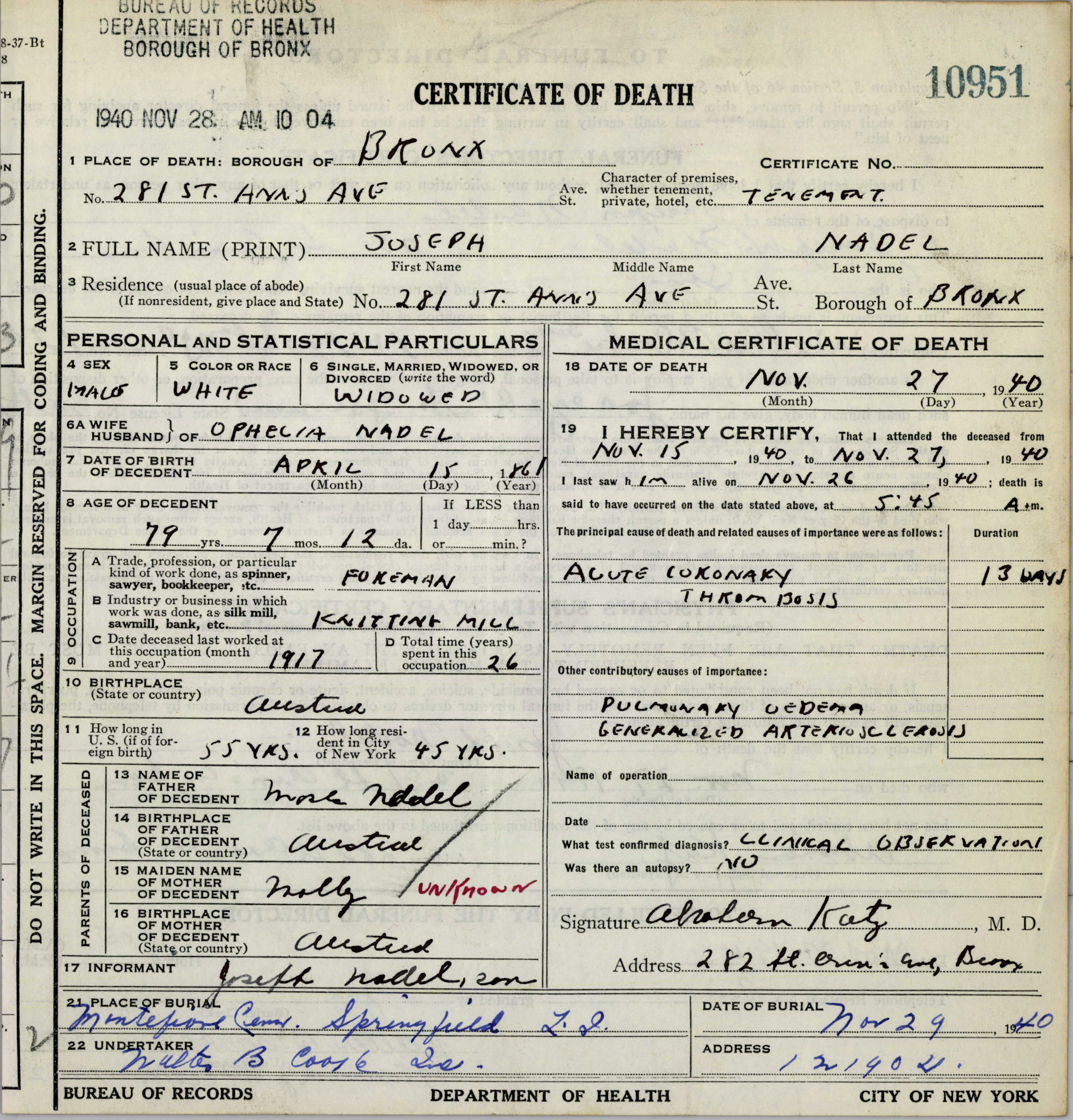 Joseph Nadel death certificate