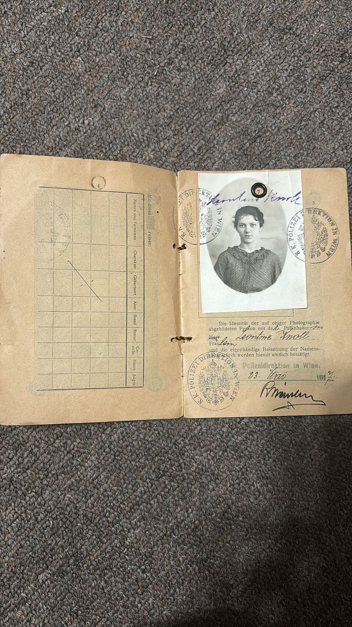 Leontine Knoll 1917 Vienna police ID