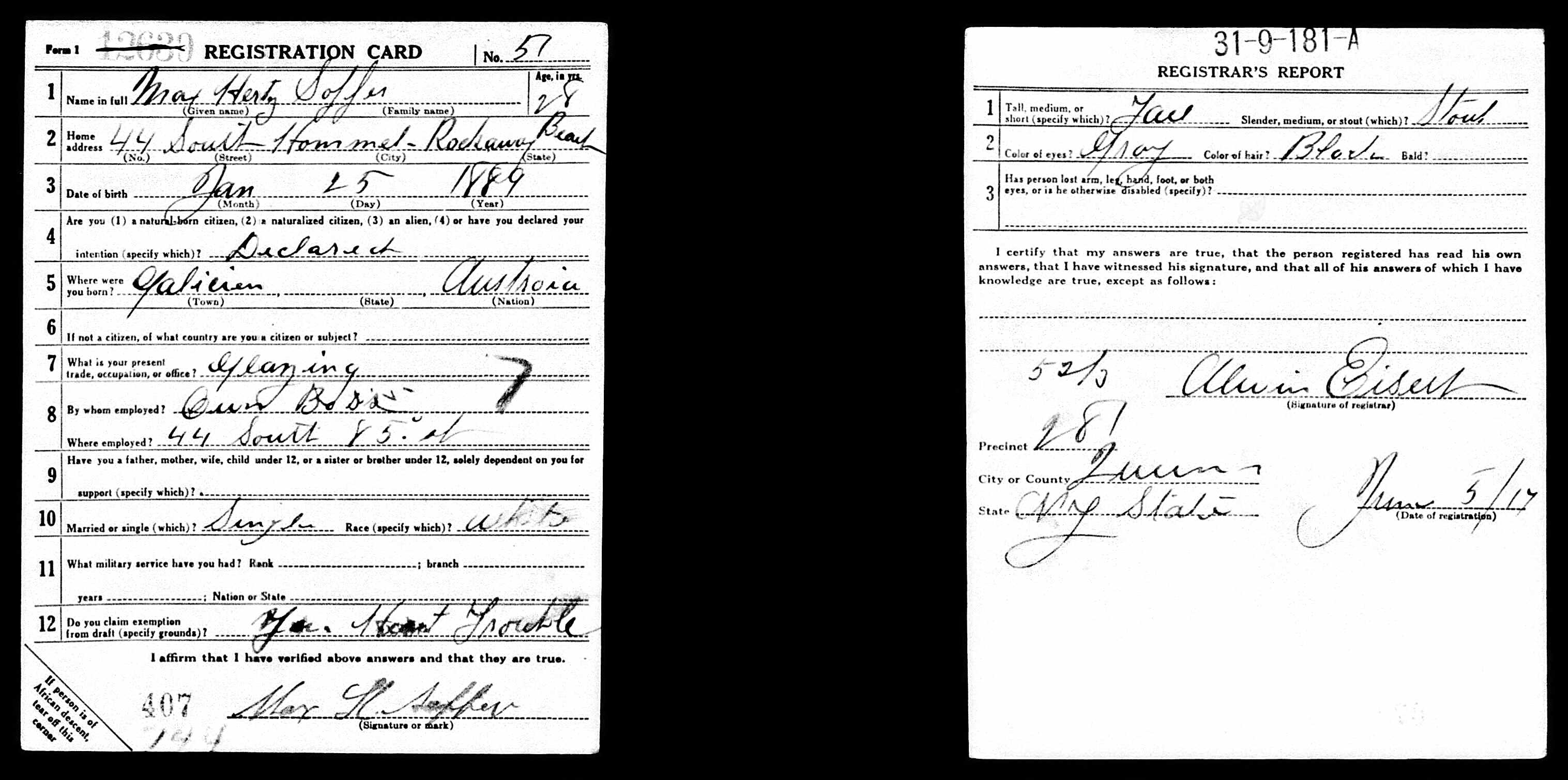 Max Hertz Soffer WWI draft card