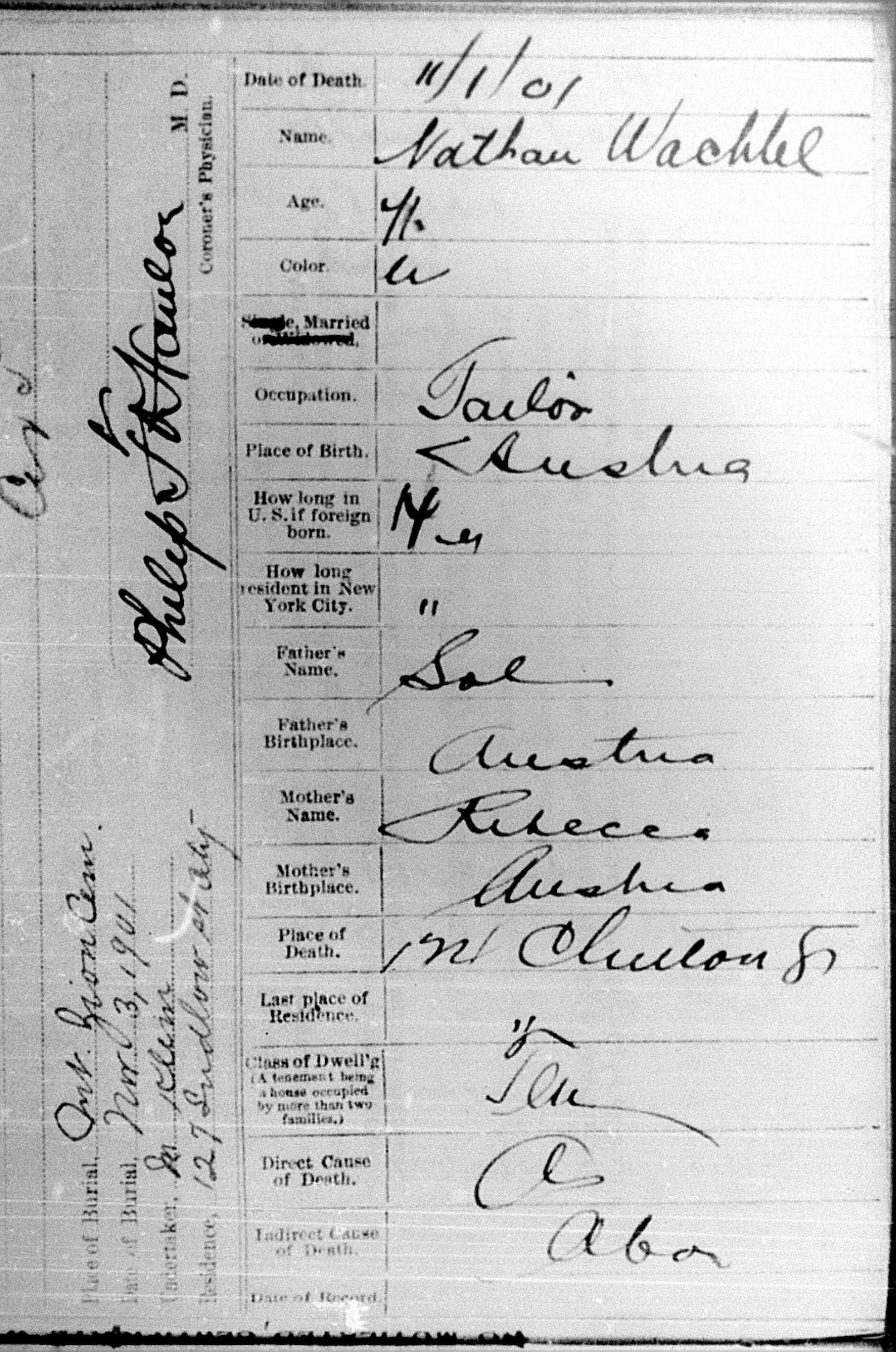 Nathan Wachtel 1901 death certificate