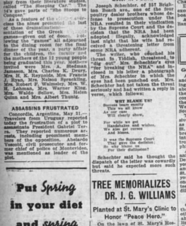 Threat against Joseph Schechter's wife, and her poem in reply, 1935