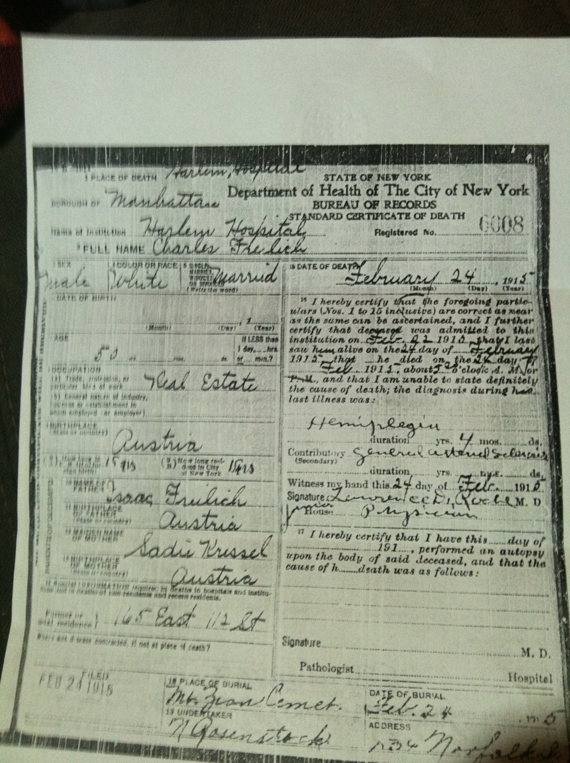 Charles Freilich 1915 death certificate