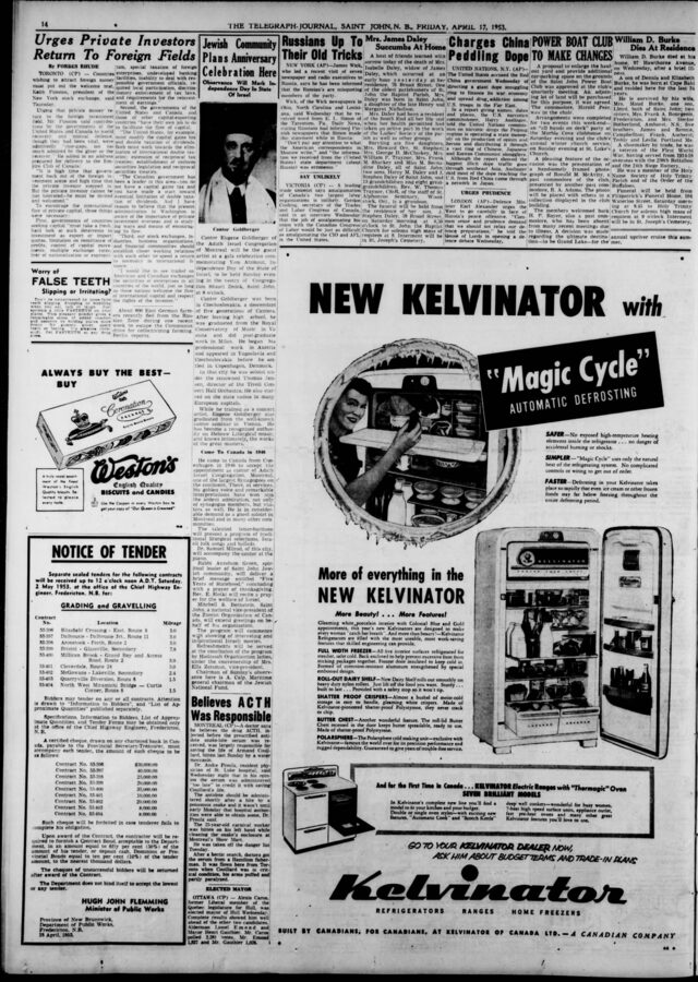 Saint John coverage + portrait (Telegraph-Journal, 17 Apr 1953)
