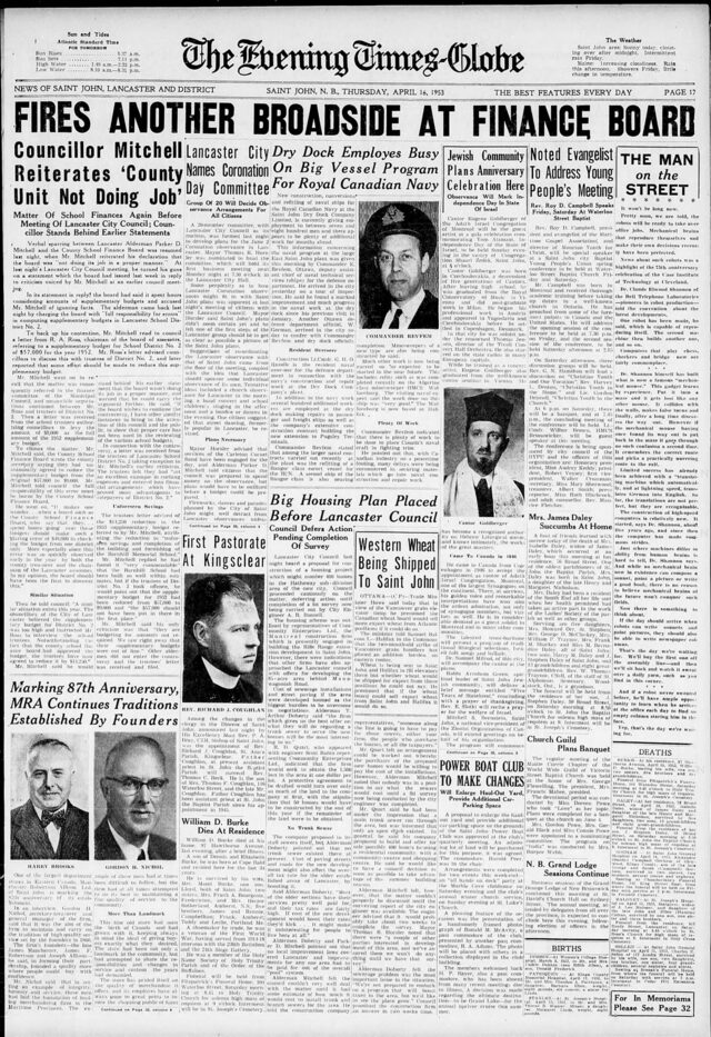 Guest cantor at Saint John's Israel-anniversary gala — biographical feature (Evening Times-Globe, 16 Apr 1953)