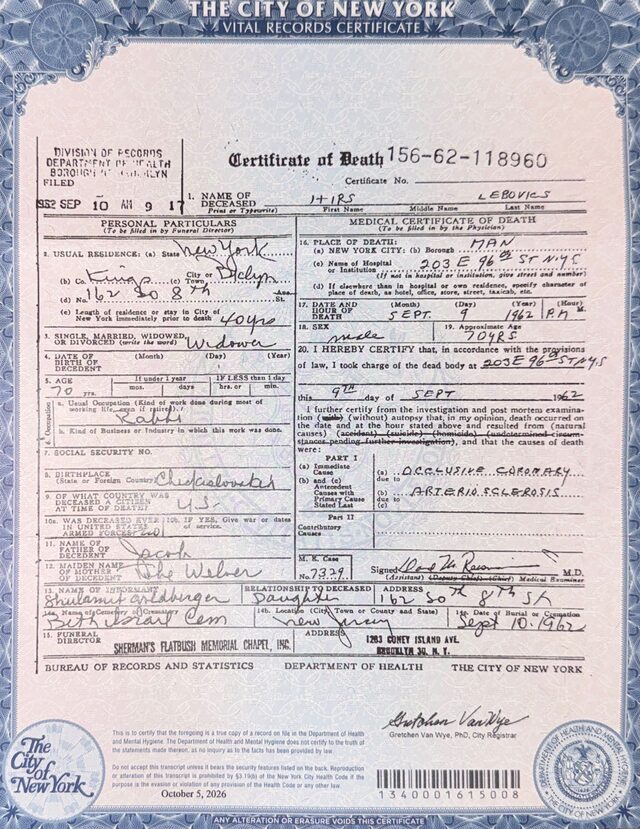 Death certificate 1962 (#156-62-118960)