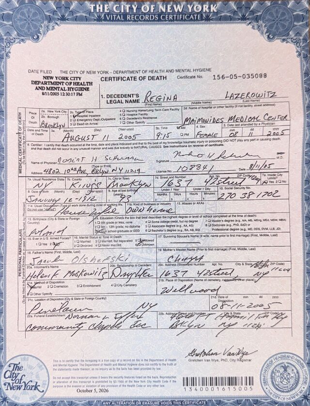 Death certificate 2005 (#156-05-035088)