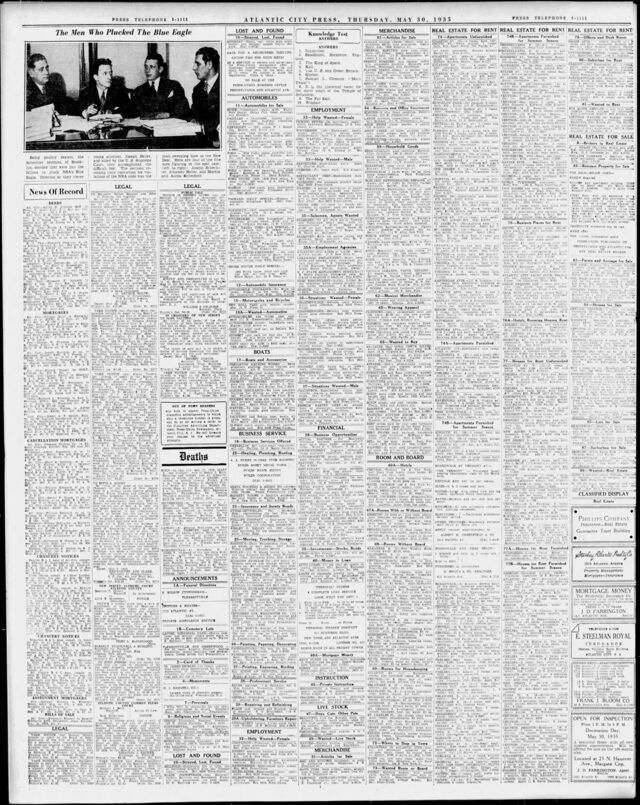 National coverage: Press of Atlantic City, 30 May 1935 ('The Men Who Plucked the Blue Eagle')