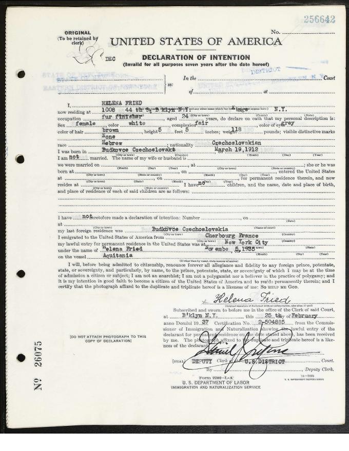 Helena (Elaine) Fried 1937 Declaration of Intention