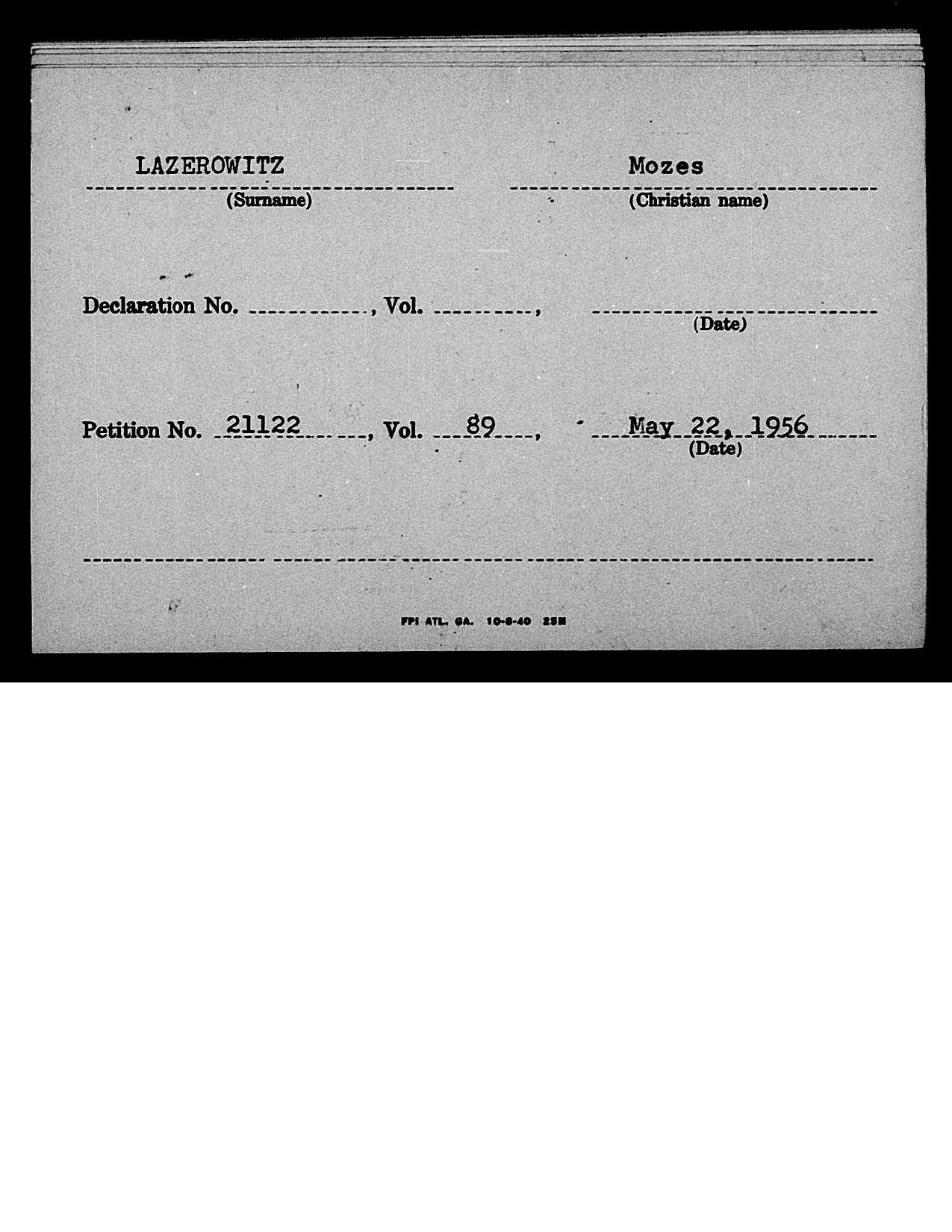 Moses Lazerowitz Cincinnati naturalization card 1956