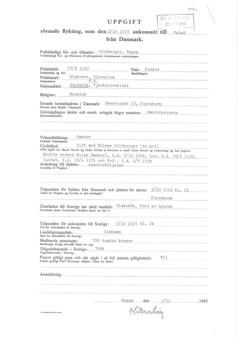 Swedish police arrival report for Eugen (Eugene) Goldberger, Malmö 2 October 1943