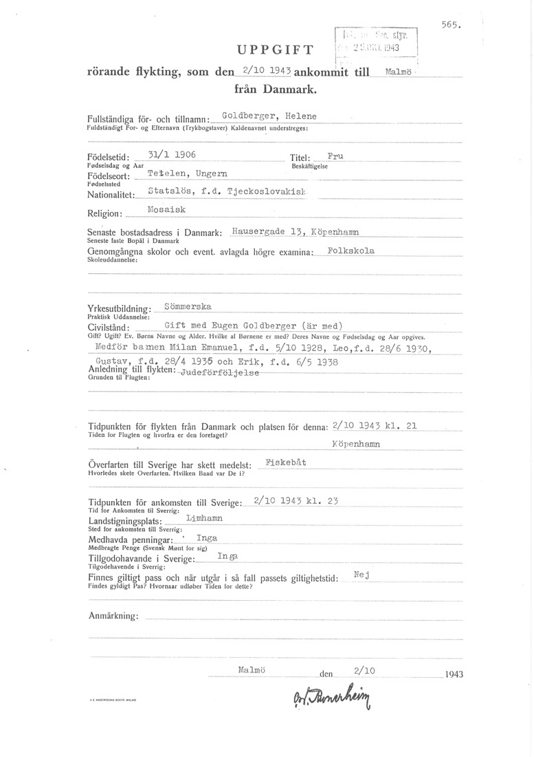 Swedish police arrival report for Helene (Helena) Goldberger, Malmö 2 October 1943