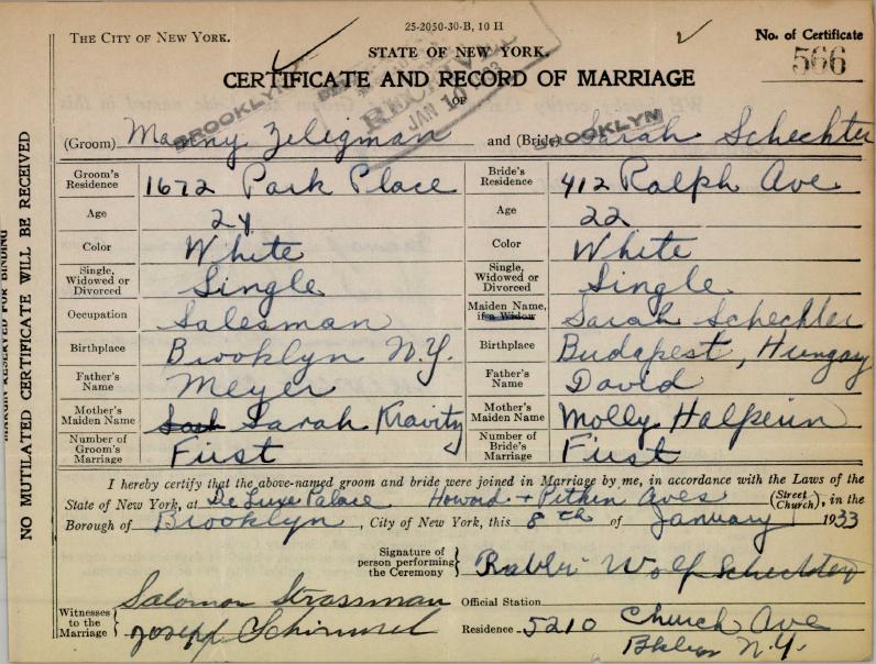 Sarah Schechter marries Manny Zeligman, Brooklyn, 8 Jan 1933 (certificate 566)